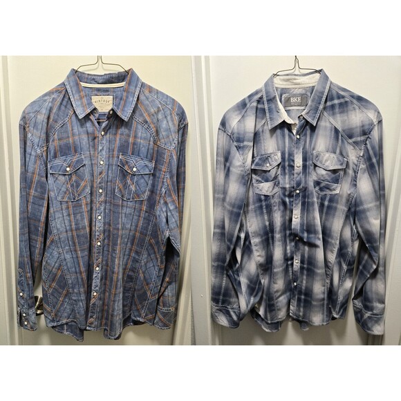 BKE MENS XXL LONG SLEEVE ATHLETIC FIT SHIRT PLAID PEARL SNAP BUTTON LOT OF 2 - Picture 1 of 14